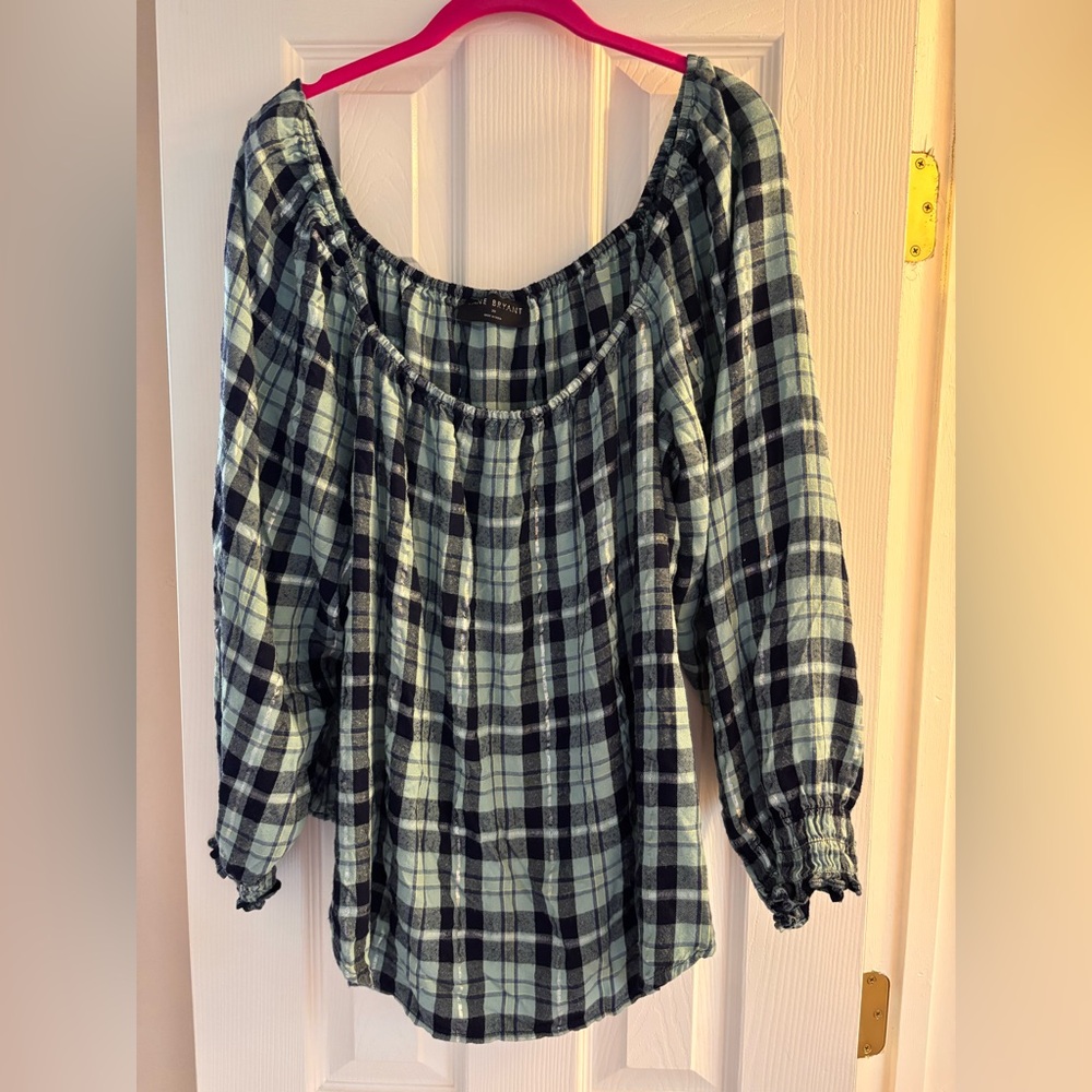 Lane Bryant Black and Green Plaid Blouse
